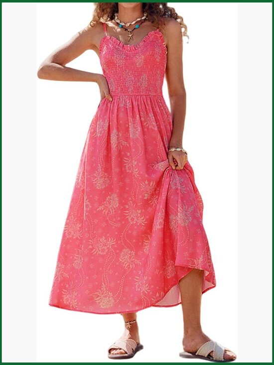 Dresses & Skirts - Floral Maxi Dress with Pockets, Spaghetti Strap, Wrinkle-Resistant Polyester